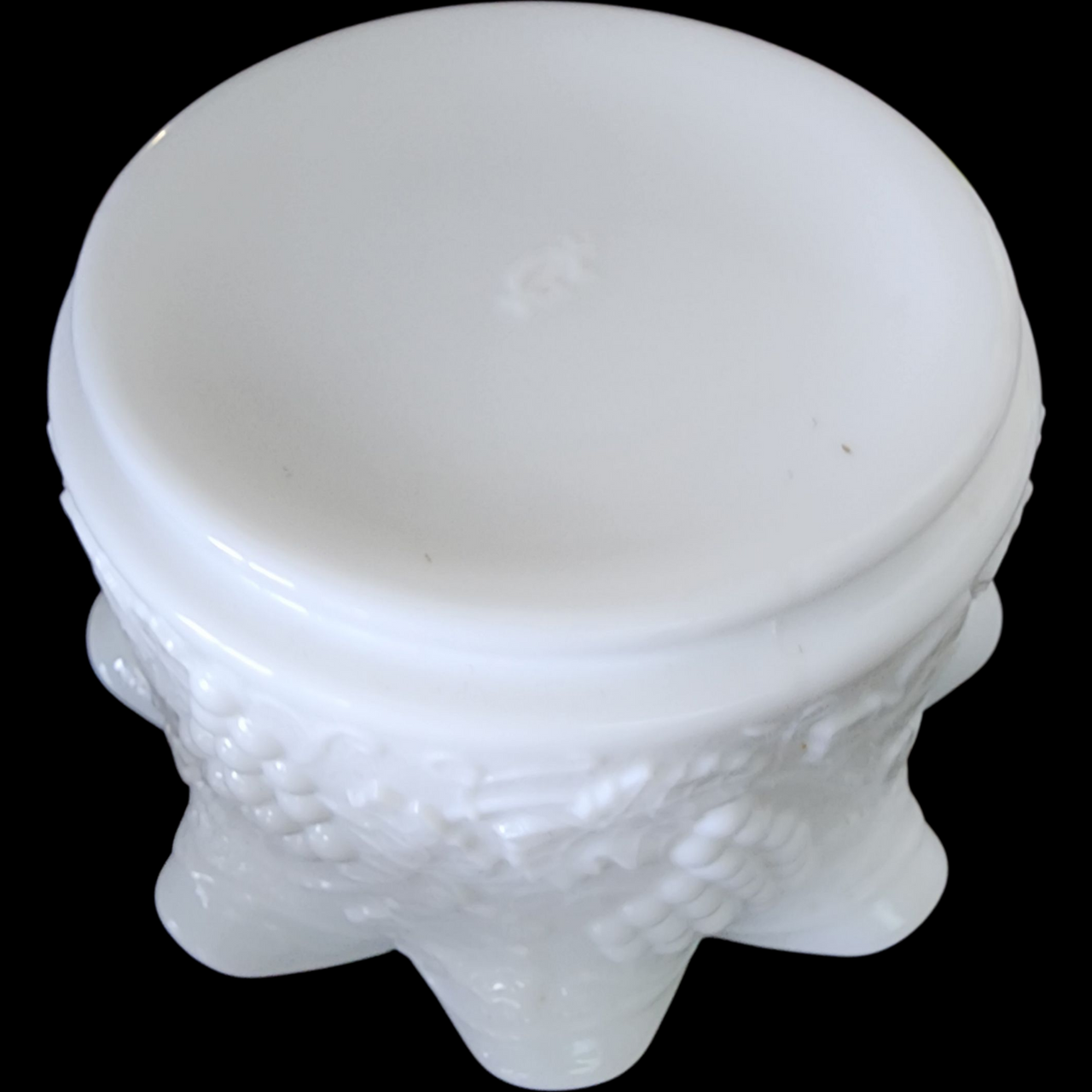 Imperial Glass-Ohio Milk Glass 5" Round Crimped Bowl Grapevine & Leaf Pattern, Vintage