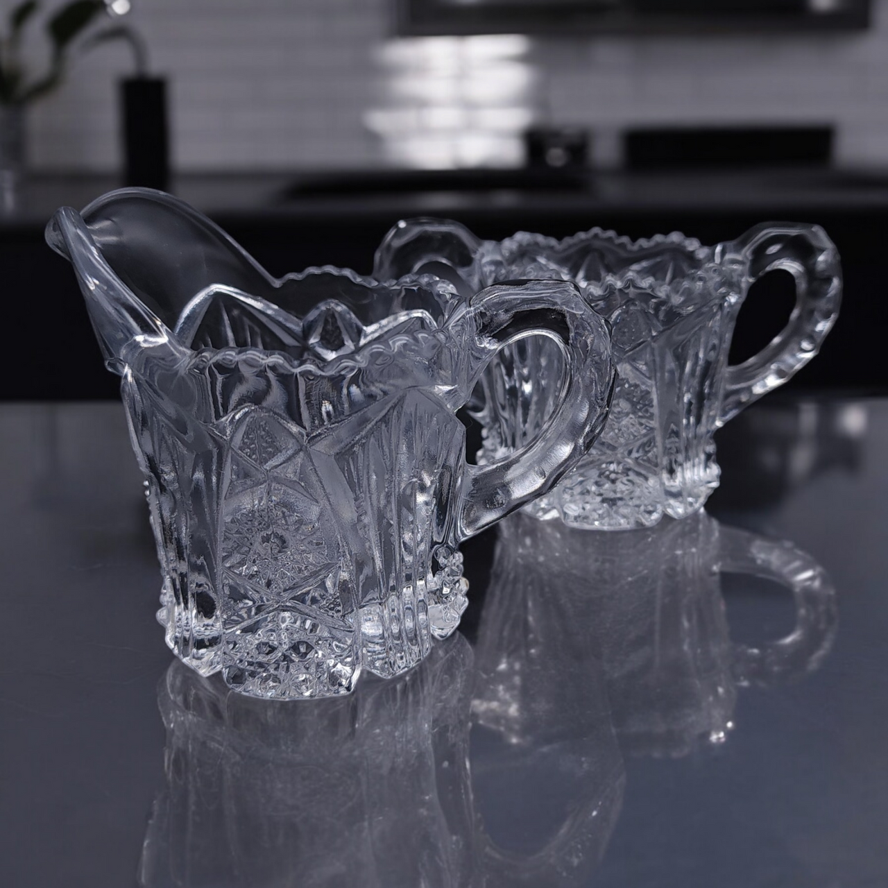 Imperial Glass-Ohio Nucut  Star & Fan Design Creamer and Open Sugar Set