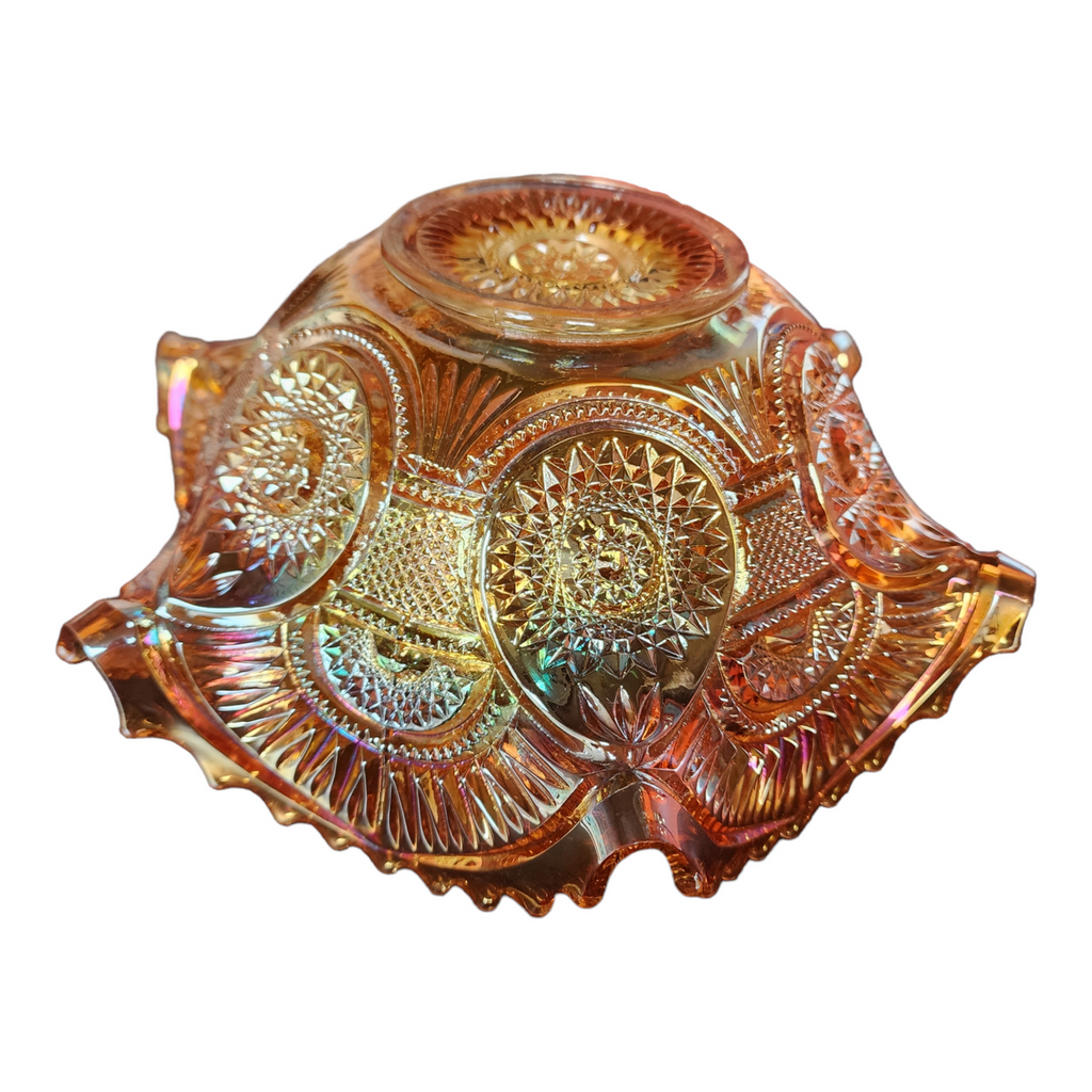 Imperial Glass-Ohio Twins Marigold Carnival, Starburst/Fan Design Ruffled  Large Fruit Bowl