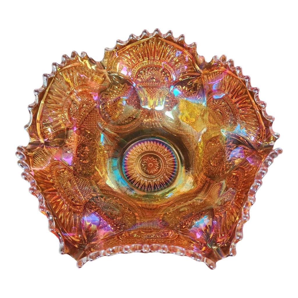Imperial Glass-Ohio Twins Marigold Carnival, Starburst/Fan Design Ruffled  Large Fruit Bowl