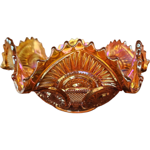 Imperial Glass-Ohio Twins Marigold Carnival, Starburst/Fan Design Ruffled  Large Fruit Bowl