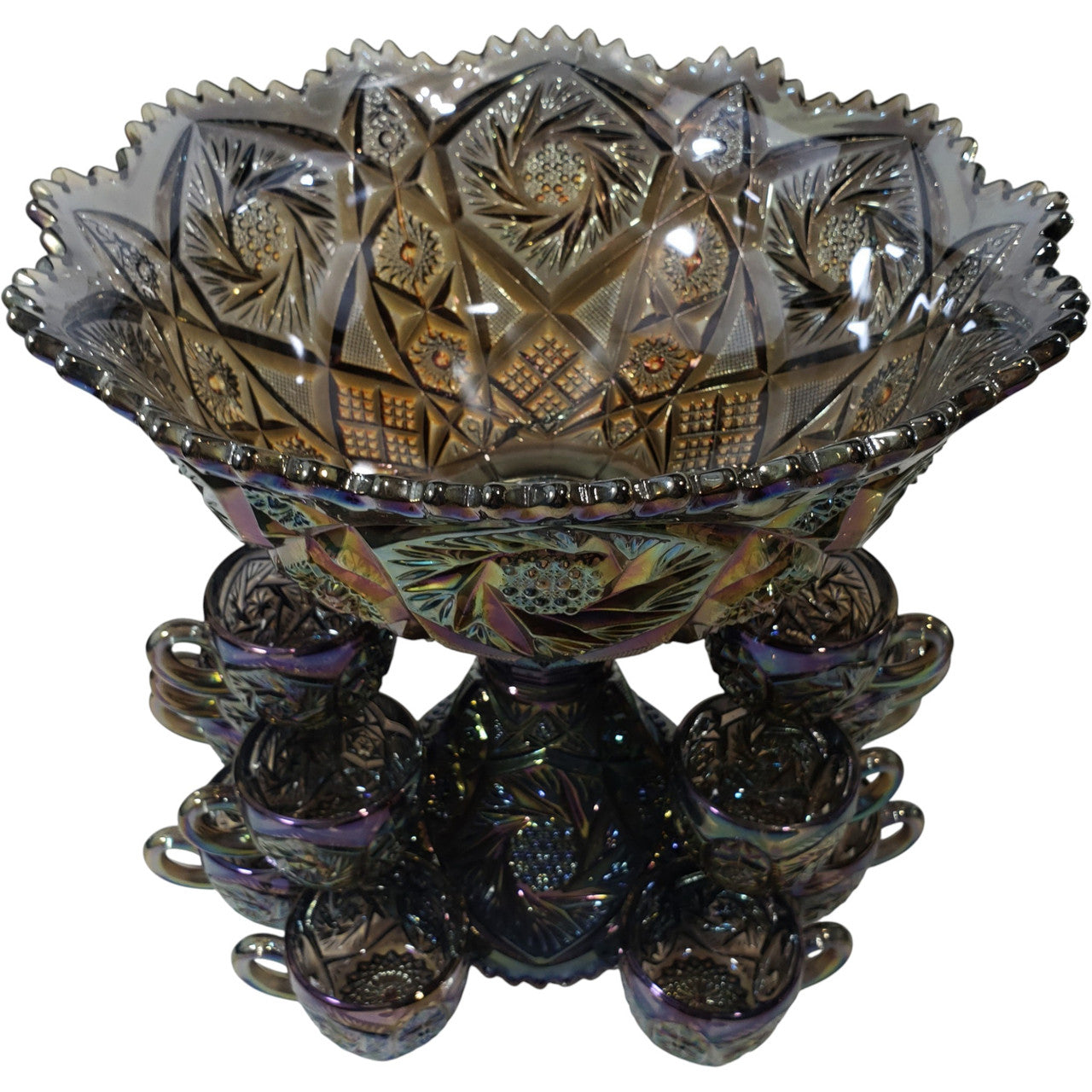 Imperial Glass Whirling Star Amethyst Blue Carnival Punch Bowl Set w/ Cups