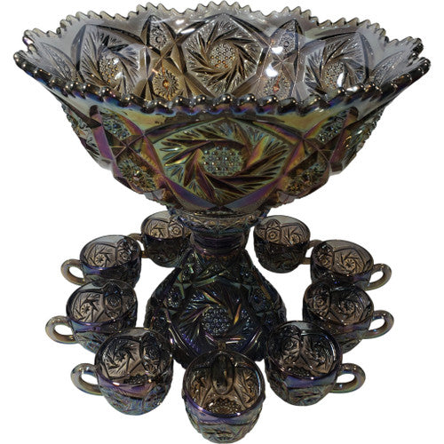 Imperial Glass-Ohio Whirling Star Carnival Glass Punch Bowl Set with 12 Cups Iridescent Peacock Pattern
