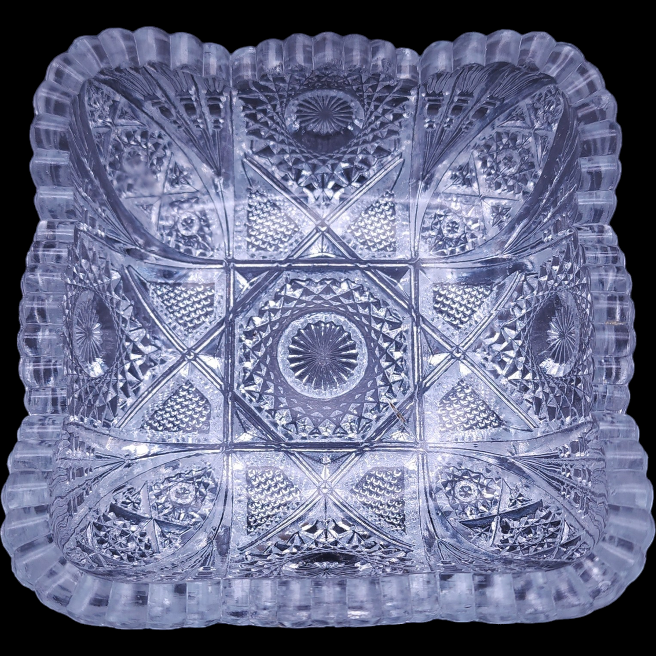Imperial Glass Clear Ohio Nucut Star & Fan Design 5" Square Nappy