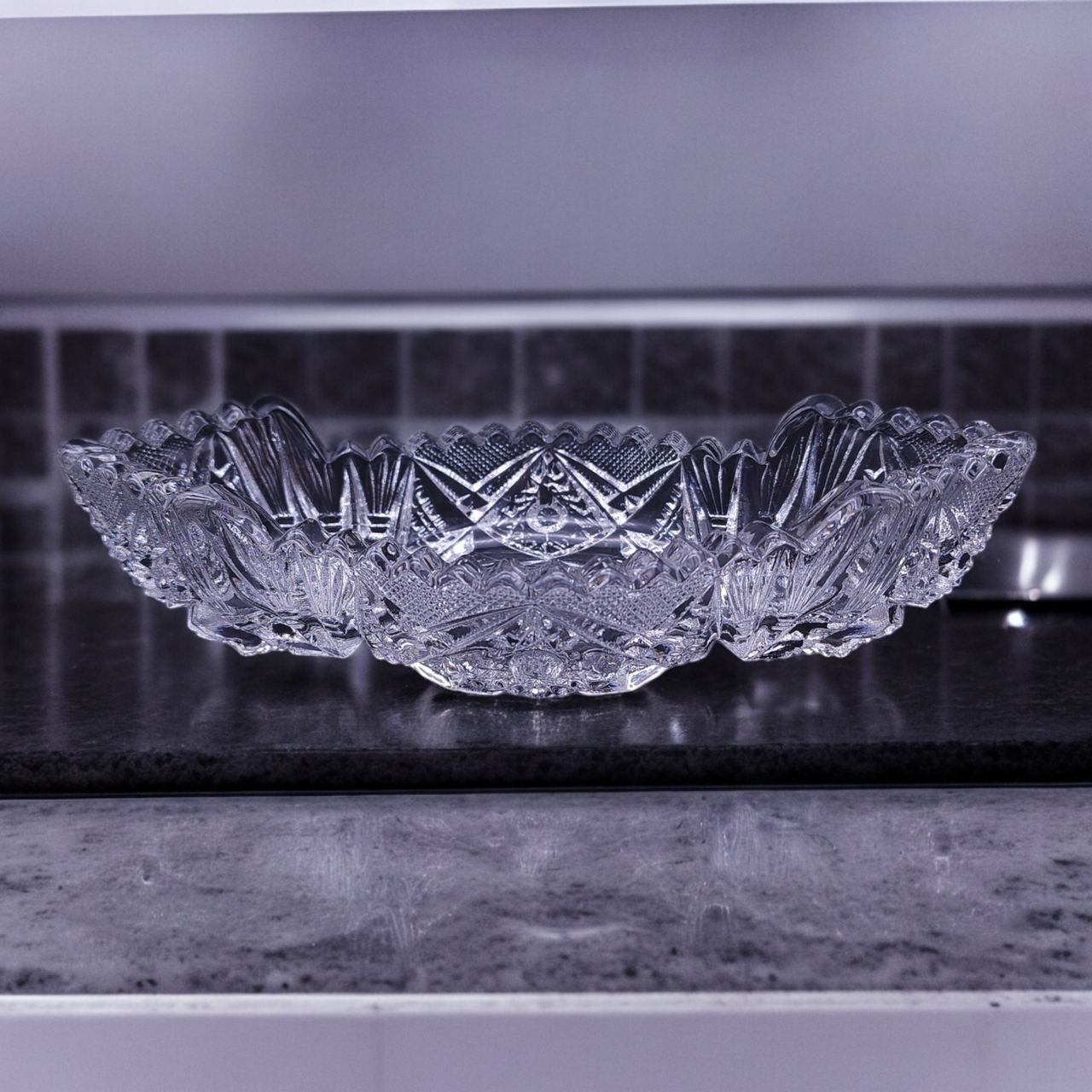 Imperial Glass Clear Ohio Nucut Star & Fan Design 7" Olive Dish