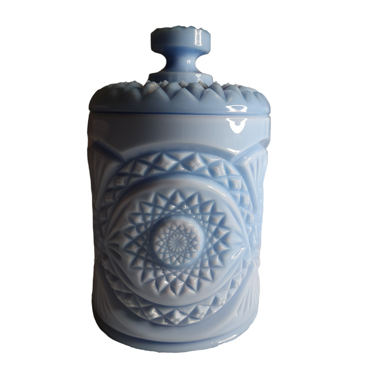 Imperial Glass Ohio Hobstar Blue Milkglass Cookie Jar & Lid