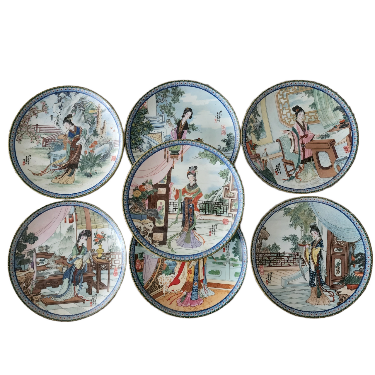 Imperial Jingdezhen Beauties of The Red Mansion Asian Woman Scenes By Z. Huimin Set of 7 Plates