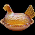 Indiana Glass Gold Carnival Glass Hen on Nest Covered Dish