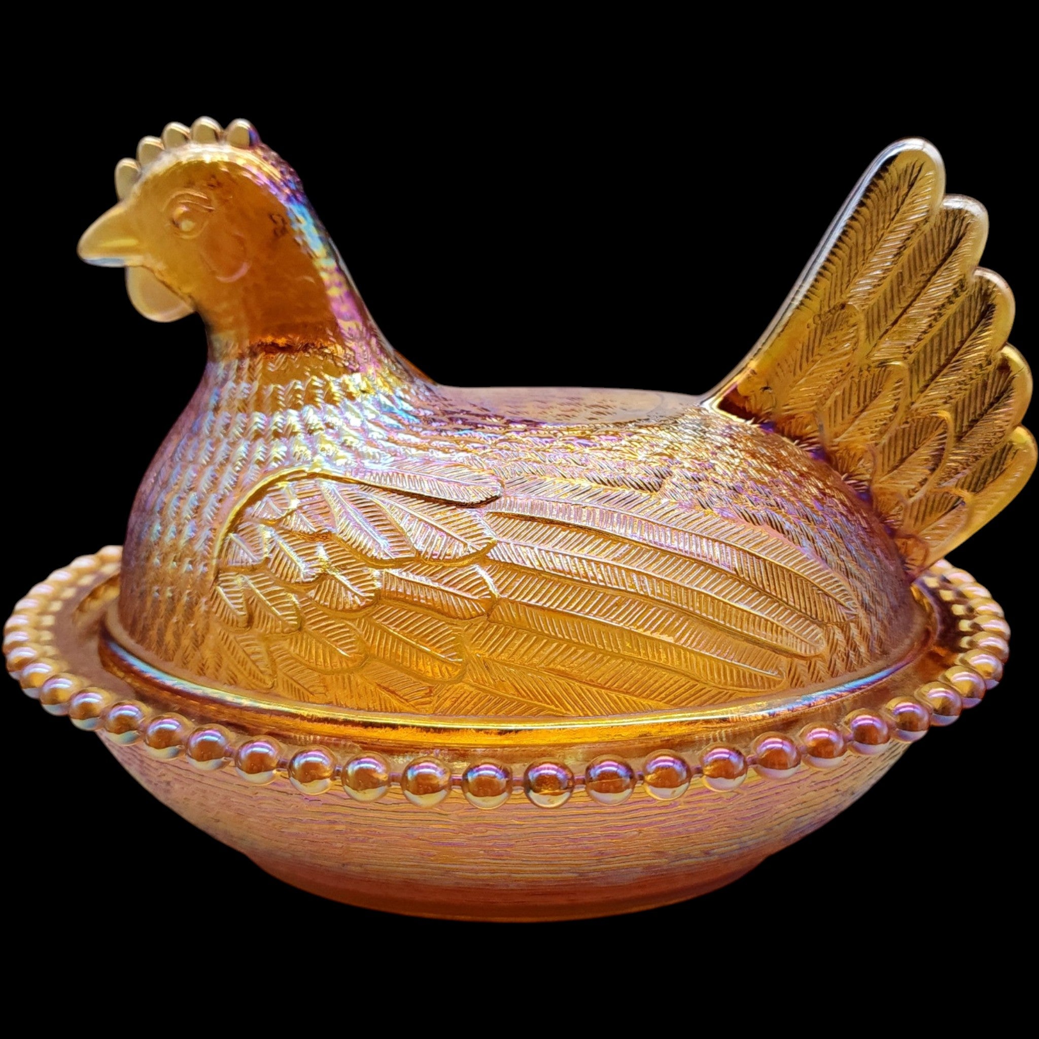 Indiana Glass Gold Carnival Glass Hen on Nest Covered Dish
