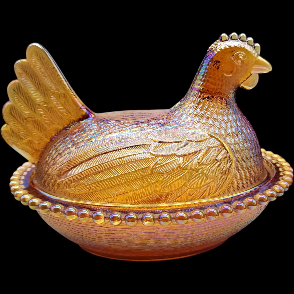 Indiana Glass Gold Carnival Glass Hen on Nest Covered Dish