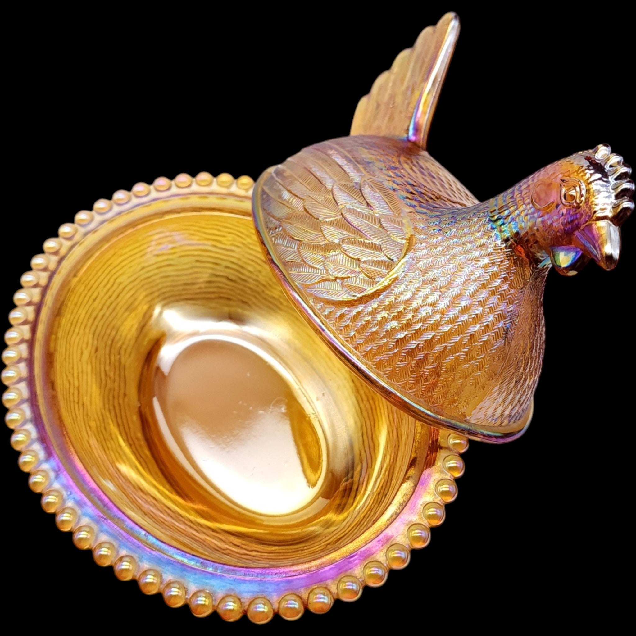 Indiana Glass Gold Carnival Glass Hen on Nest Covered Dish