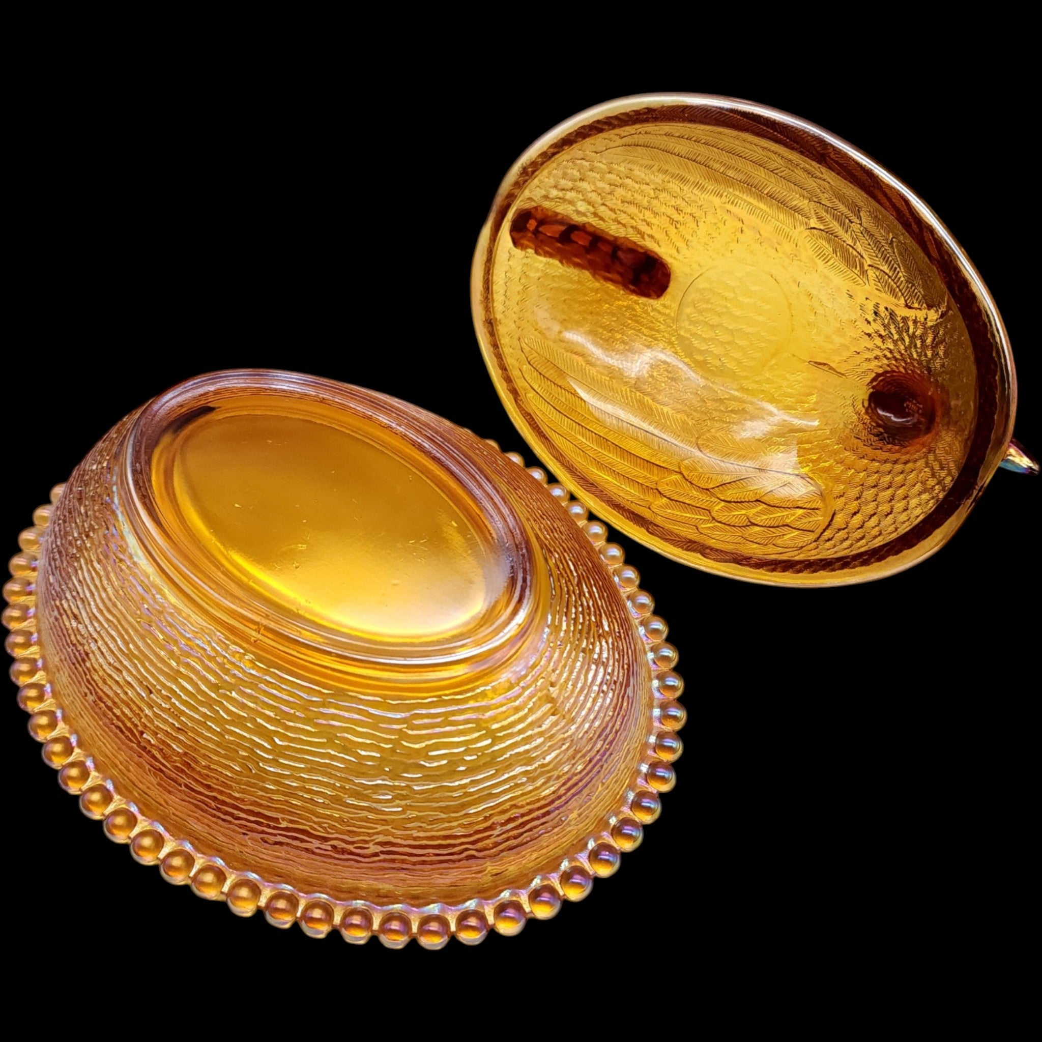 Indiana Glass Gold Carnival Glass Hen on Nest Covered Dish