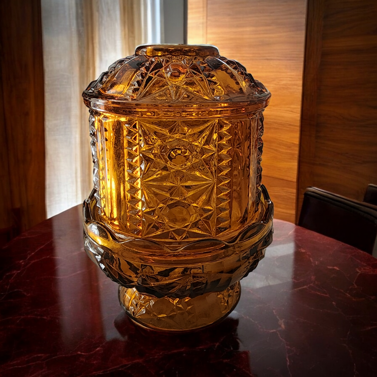 Indiana Glass Amber Stars & Bars Fairy Lamp Votive Candle Holder Light