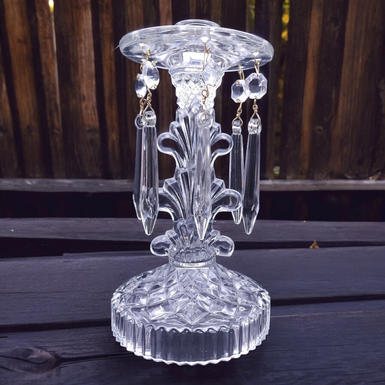 Indiana Glass Candlestick with Attached Bobeche & 6 Prisms