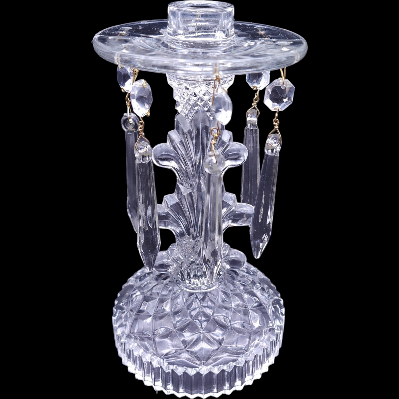 Indiana Glass Candlestick with Attached Bobeche & 6 Prisms