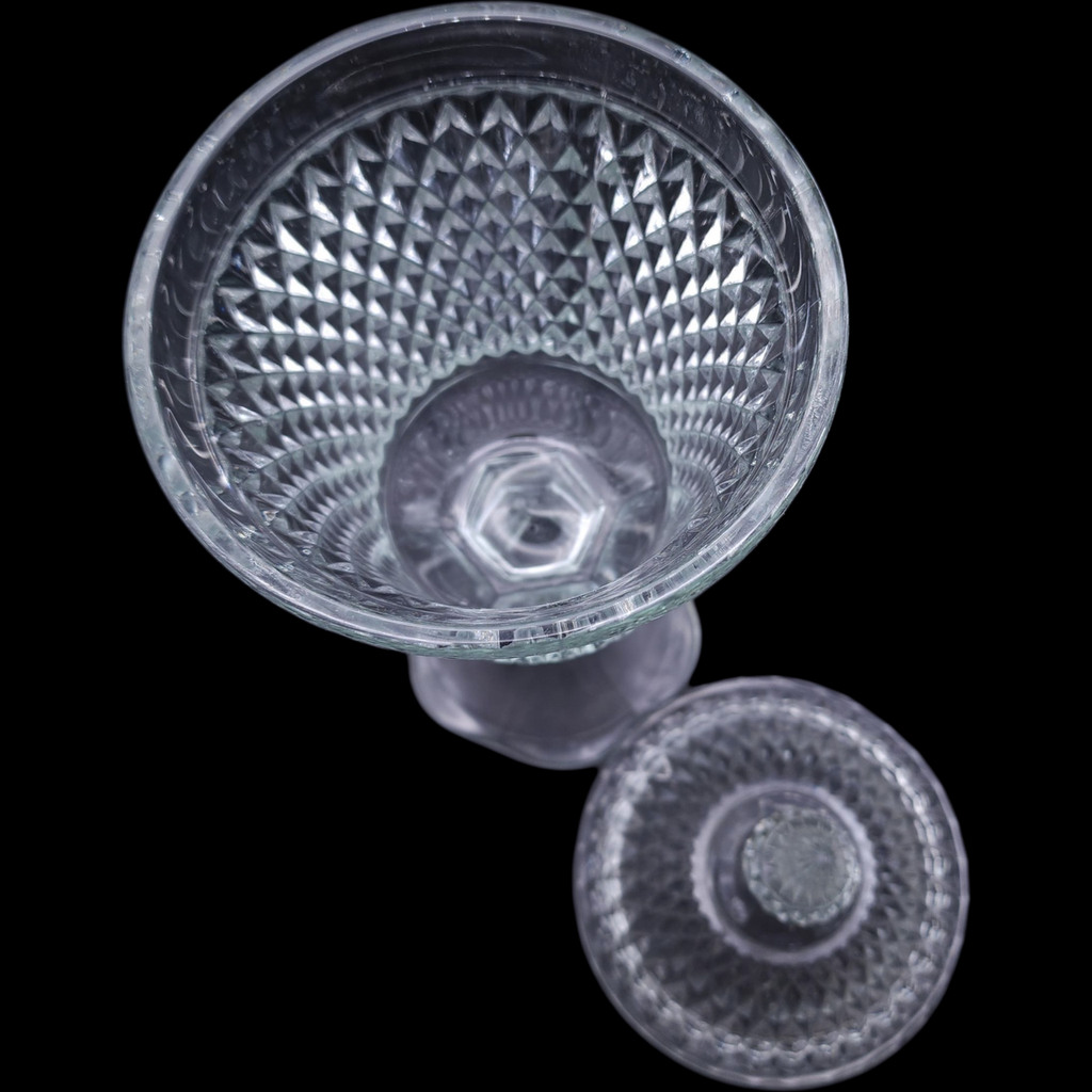 Indiana Glass Diamond Point Clear Pedestal Candy Dish Footed Urn & Lid with Lid Mid Century