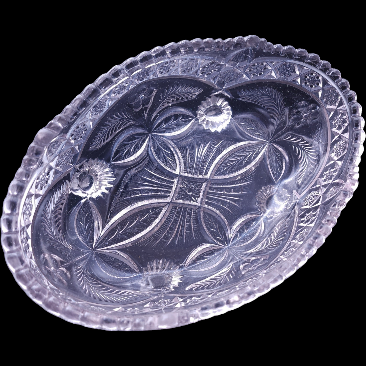 Indiana Glass Gaelic Pressed Clear Floral Design 4-Toed Footed Bowl