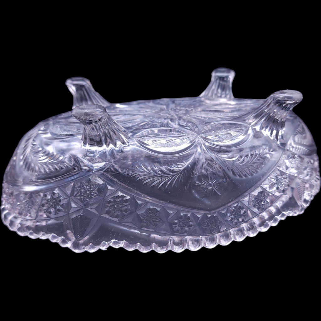 Indiana Glass Gaelic Pressed Clear Floral Design 4-Toed Footed Bowl