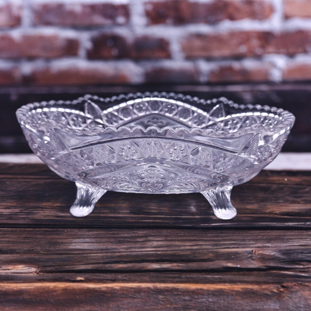 Indiana Glass Gaelic Pressed Clear Floral Design 4-Toed Footed Bowl