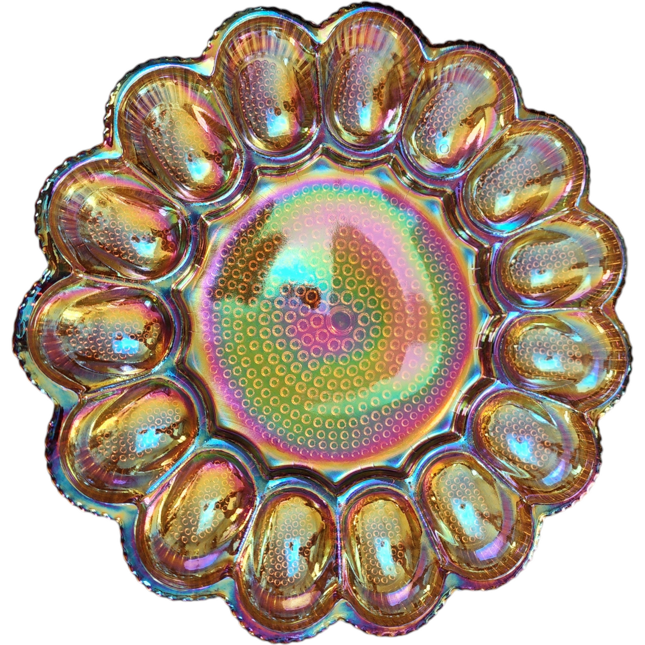 Indiana Glass Hobnail Amber Carnival 15 Egg Round Egg & Relish Tray Dish