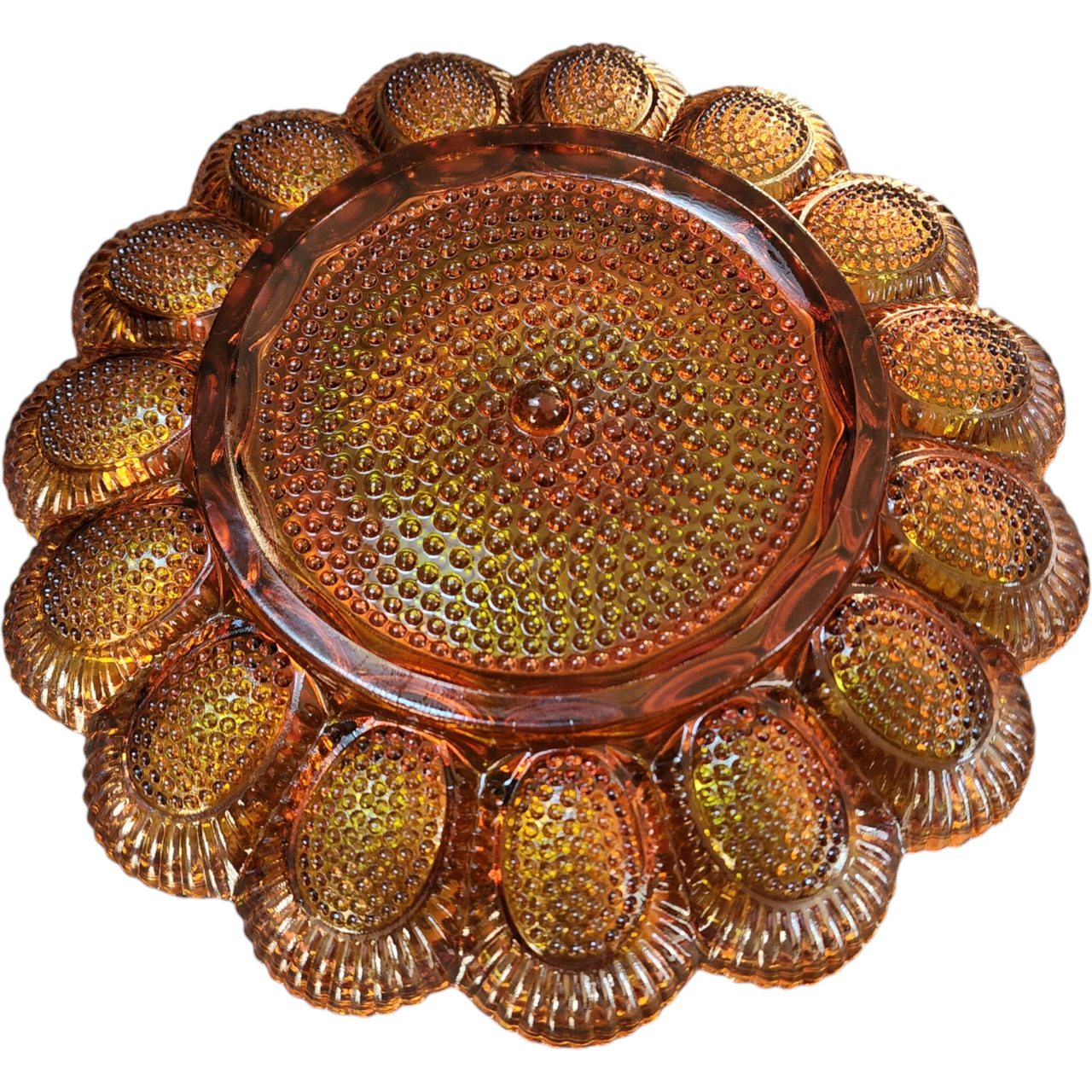 Indiana Glass Hobnail Amber Carnival 15 Egg Round Egg & Relish Tray Dish