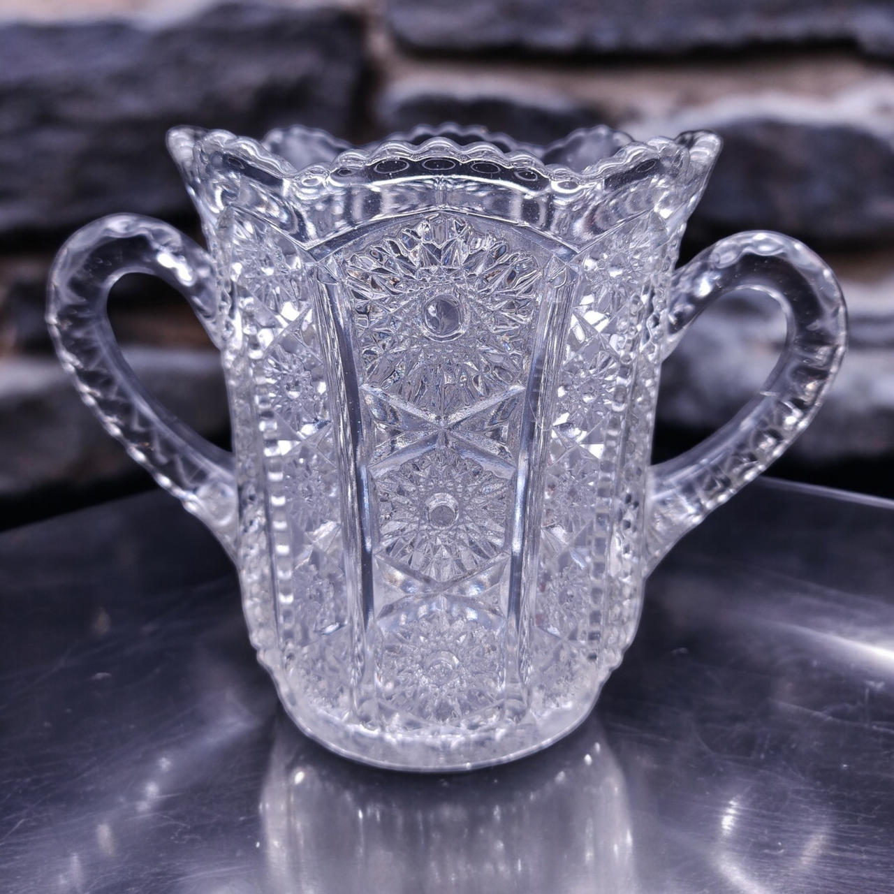 Indiana Glass Paneled Daisy and Finecut Clear Celery Spooner Vase