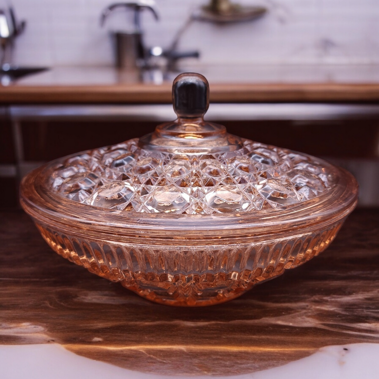Indiana Glass Windsor Pink Peach Ballad Cane & Button Design Candy Dish & Lid