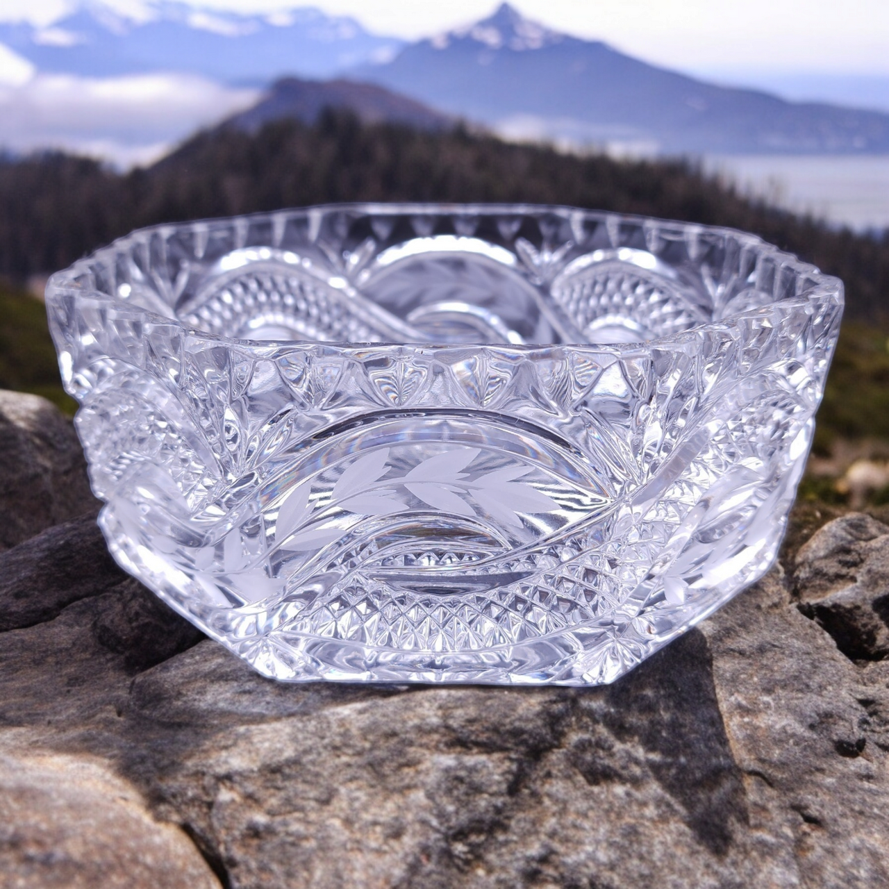 Irena Glass Factory Poland Cut Crystal Octagonal Large Bowl