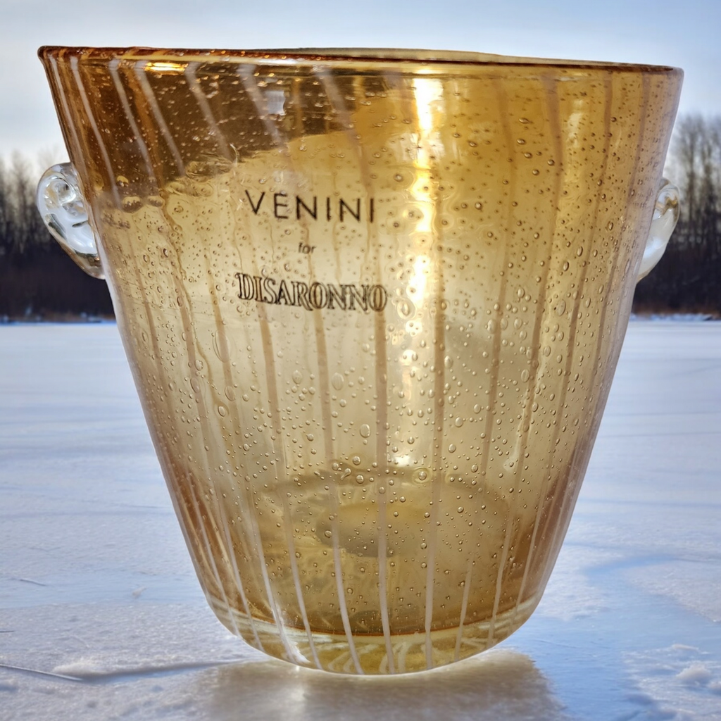 Italian Murano Venini Venetian Art Glass Ice Bucket Amber and White