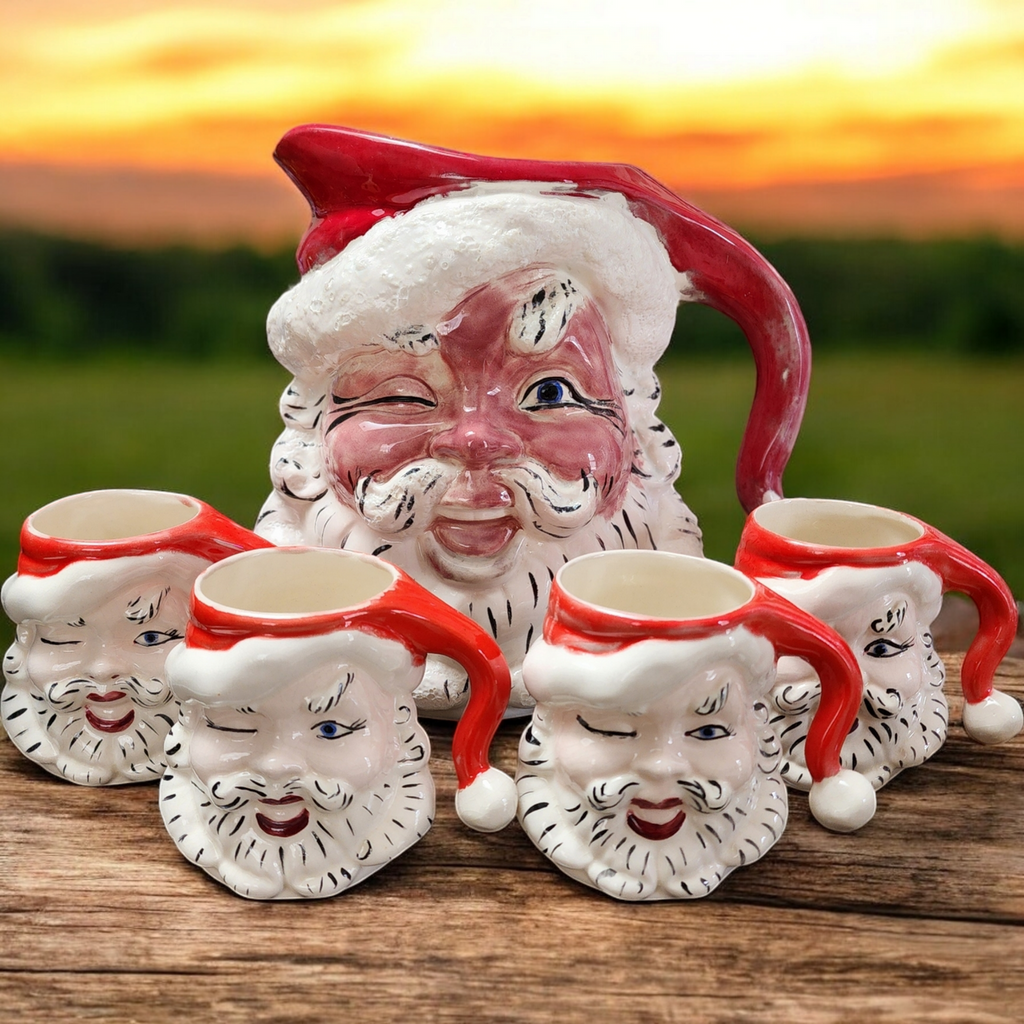 Jamar Mallory Ceramic Studio Festive Santa Ceramic Pitcher and Mug Set Collector's Edition