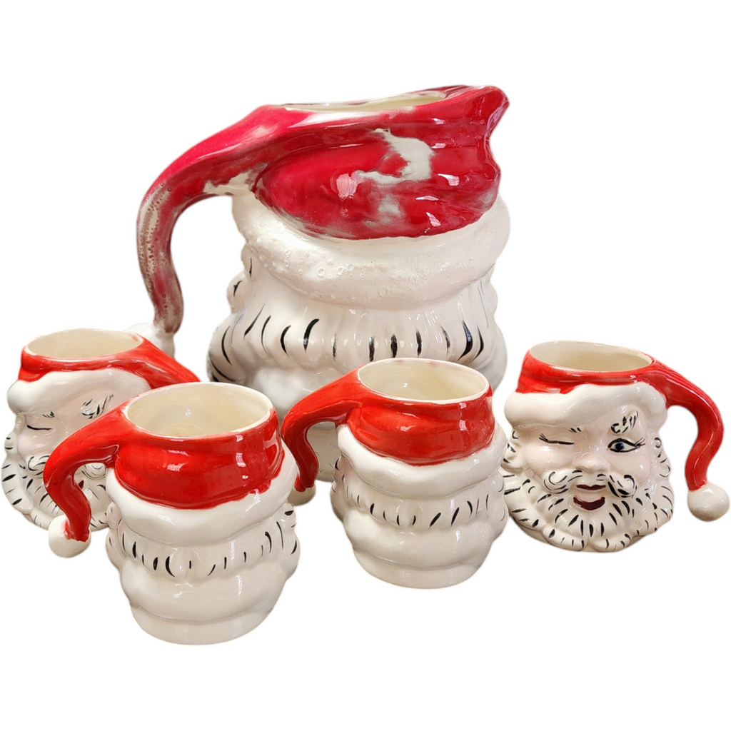 Jamar Mallory Ceramic Studio Festive Santa Ceramic Pitcher and Mug Set Collector's Edition