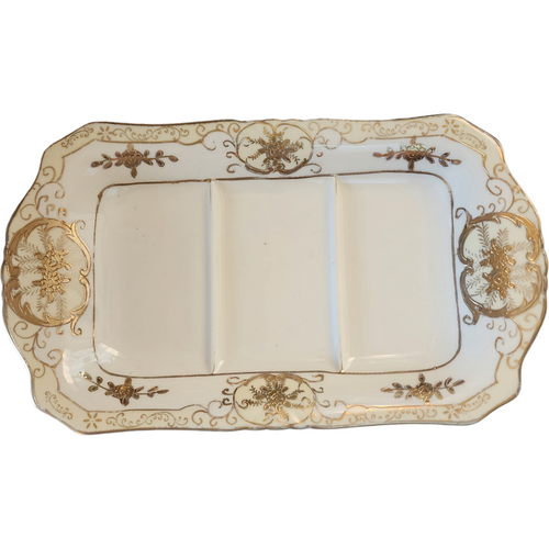 Japan Encrusted Floral Scrolls Scalloped Porcelain Tray