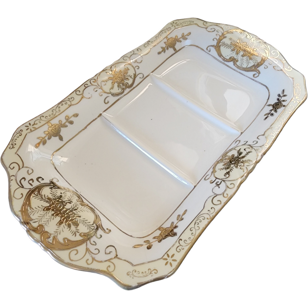 Japan Encrusted Floral Scrolls Scalloped Porcelain Tray