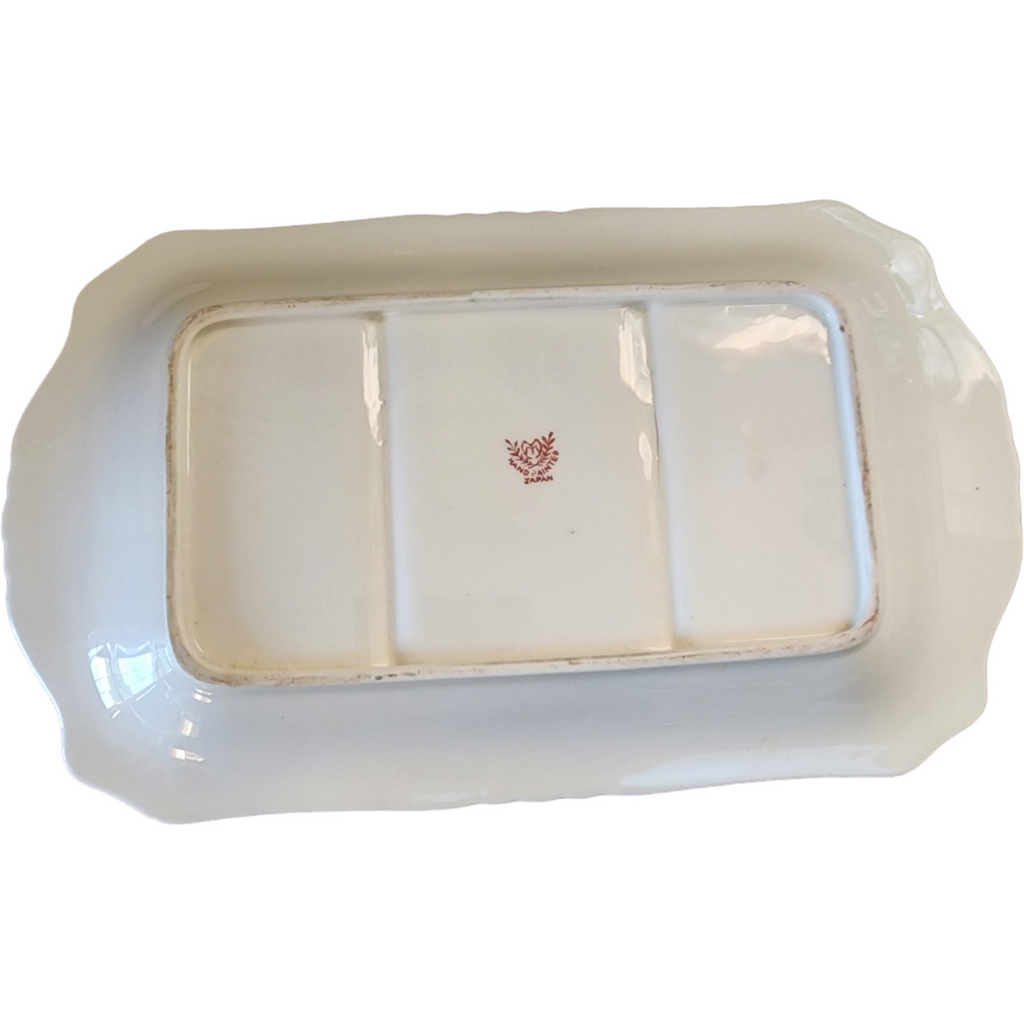 Japan Encrusted Floral Scrolls Scalloped Porcelain Tray
