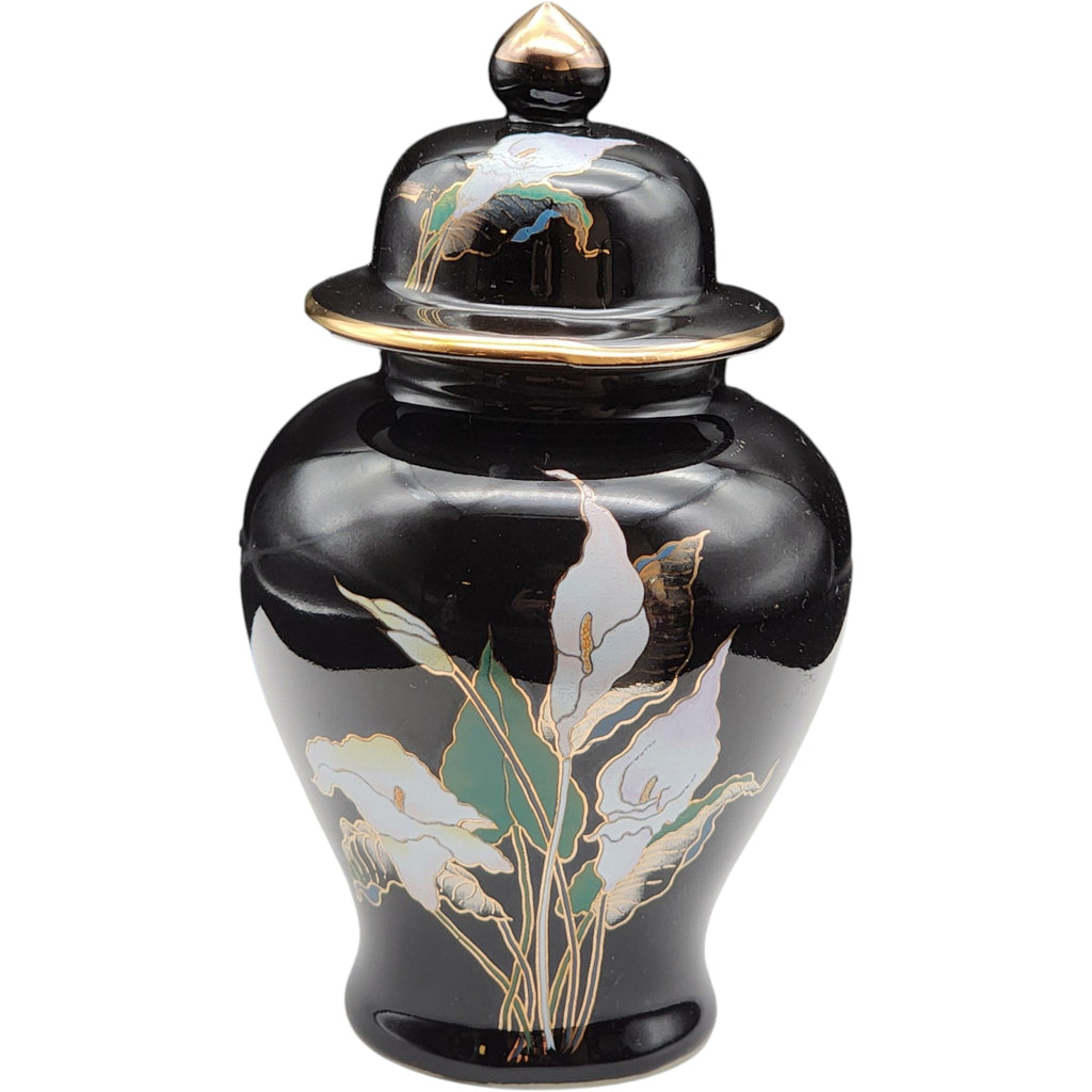 Japanese Satsuma Style Black Ceramic Ginger Lidded Jar with Floral Decoration and Gilt Accents