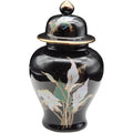 Japanese Satsuma Style Black Ceramic Ginger Lidded Jar with Floral Decoration and Gilt Accents