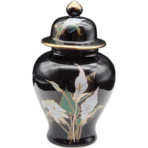 Japanese Satsuma Style Black Ceramic Ginger Lidded Jar with Floral Decoration and Gilt Accents