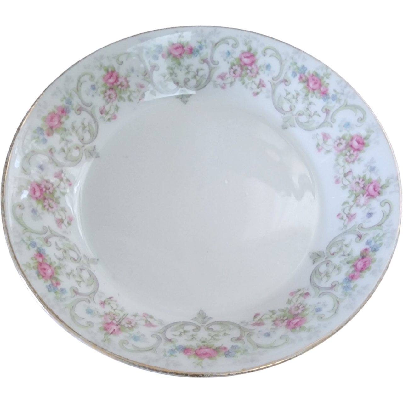 Jean Pouyat Limoges Pink & Blue Flowers On Green Vine Coupe Soup Bowl