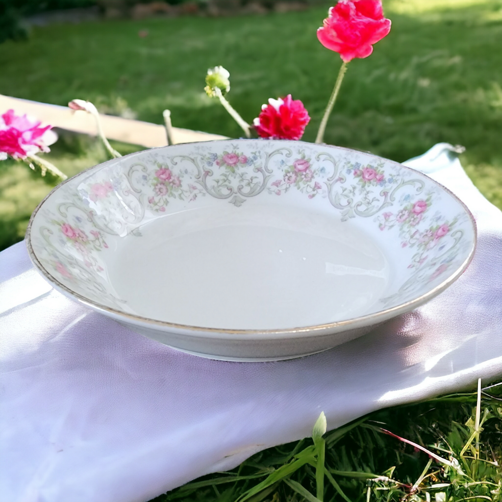 Jean Pouyat Limoges Pink & Blue Flowers On Green Vine Coupe Soup Bowl
