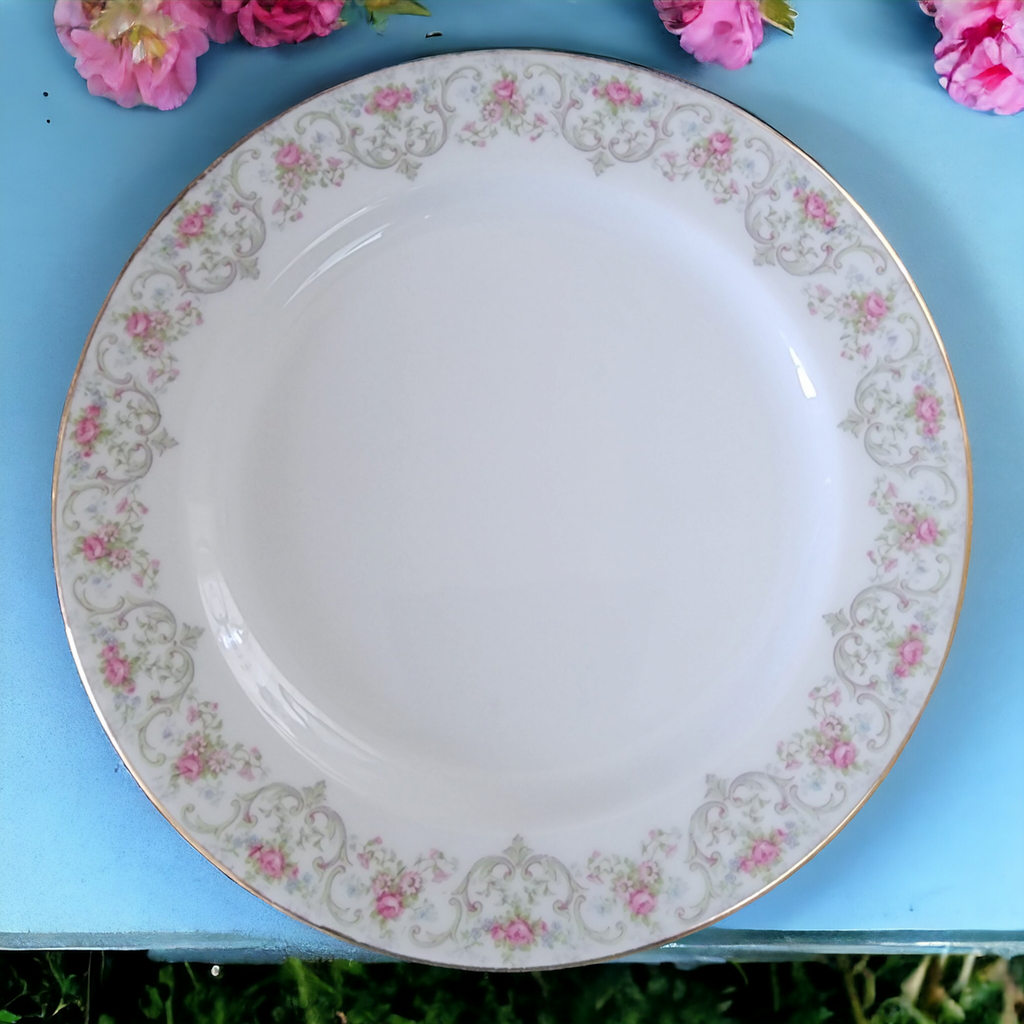 Jean Pouyat Limoges Pink & Blue Flowers On Green Vine Luncheon Plate
