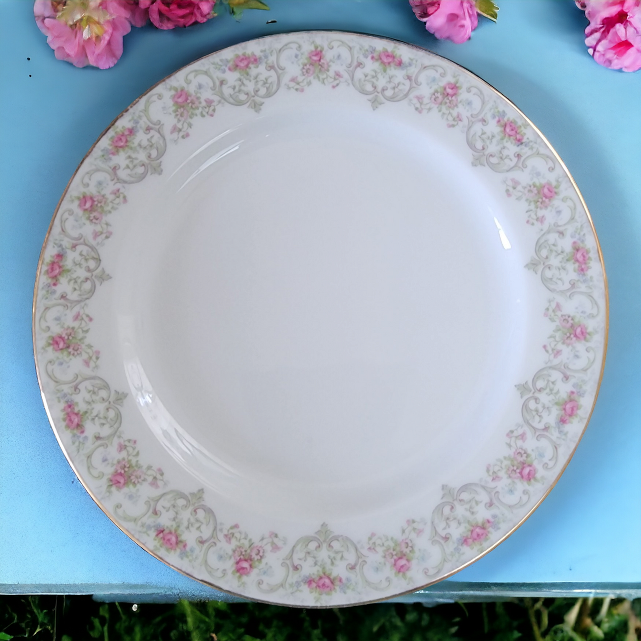 Jean Pouyat Limoges Pink & Blue Flowers On Green Vine Luncheon Plate