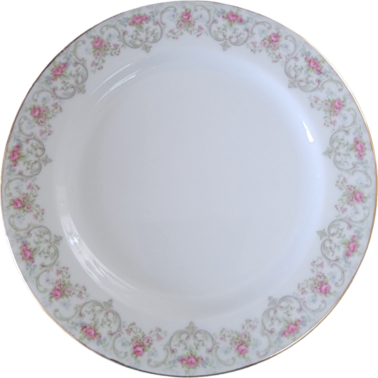 Jean Pouyat Limoges Pink & Blue Flowers On Green Vine Luncheon Plate