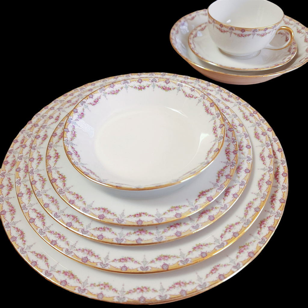 Jean Pouyat Limoges Rose Swags Yellow Pink Scrolls France Gravy Boat with Attached Underplate