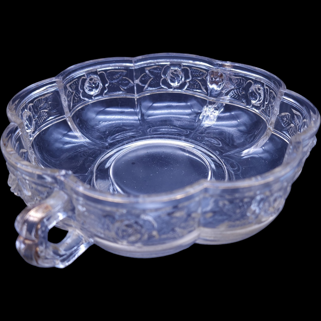 Jeannette Rose Band Scalloped Aztec Clear Handled Bowl