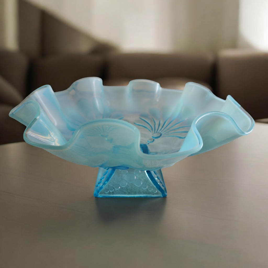 Jefferson Glass Beaded Fans Blue Footed Round Opalescent Crimped Bowl