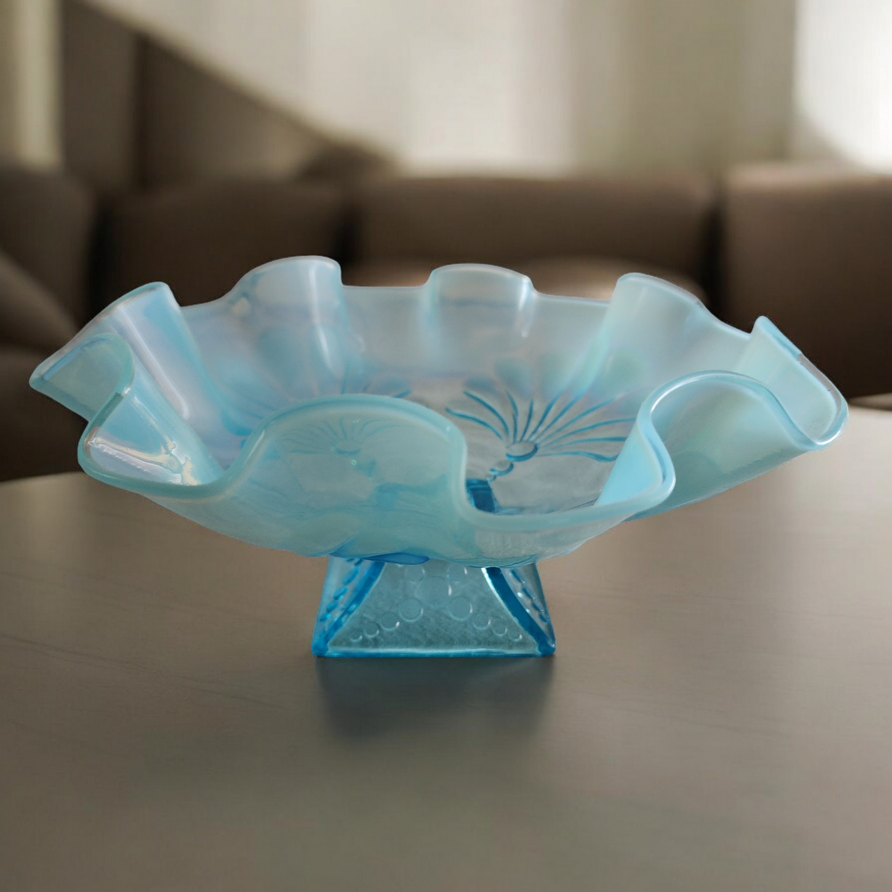 Jefferson Glass Beaded Fans Blue Footed Round Opalescent Crimped Bowl