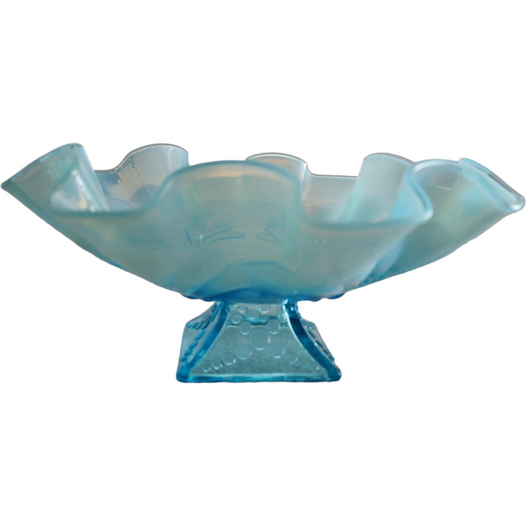Jefferson Glass Beaded Fans Blue Footed Round Opalescent Crimped Bowl