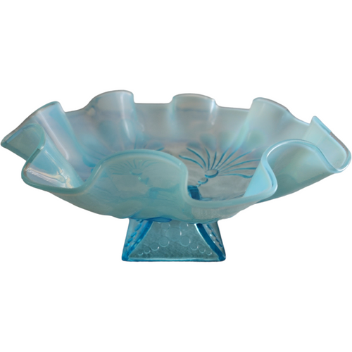 Jefferson Glass Beaded Fans Blue Footed Round Opalescent Crimped Bowl