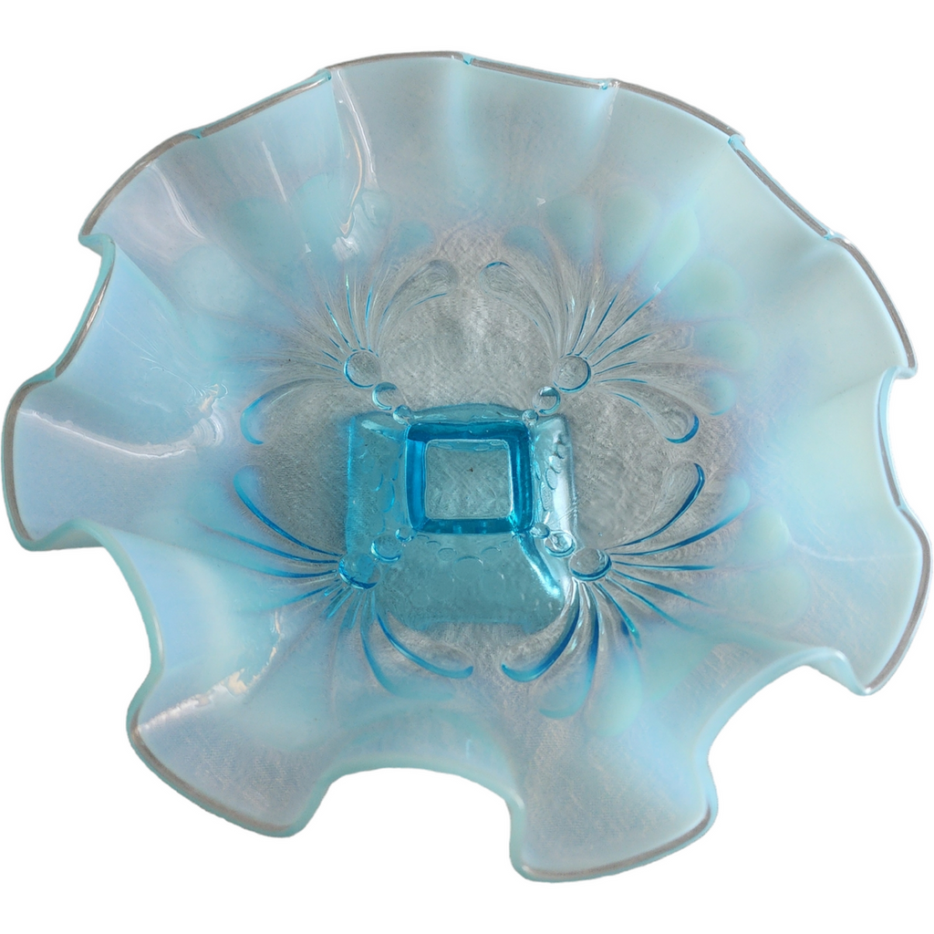 Jefferson Glass Beaded Fans Blue Footed Round Opalescent Crimped Bowl