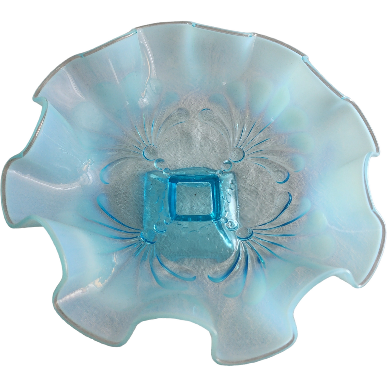 Jefferson Glass Beaded Fans Blue Footed Round Opalescent Crimped Bowl